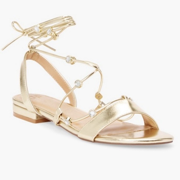 Justfab Gladiator Lace-up Sandals Flat Greek Goddess Gold Rhinestones Womens 8.5 - Picture 1 of 8